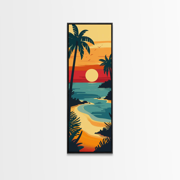 Sunset Beach with Palm Trees and Ocean View - Framed Canvas Print, Midcentury Modern Wall Art, Skinny Art, Tall Art, Living Room Decor