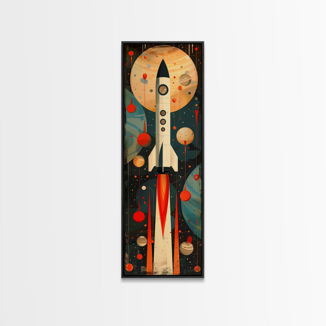 Vintage Rocket Launch Art - Framed Canvas Print, Midcentury Modern Skinny Art, Tall Wall Art for Living Room or Bedroom Decor