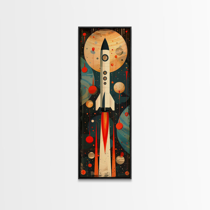 Vintage Rocket Launch Art - Framed Canvas Print, Midcentury Modern Skinny Art, Tall Wall Art for Living Room or Bedroom Decor