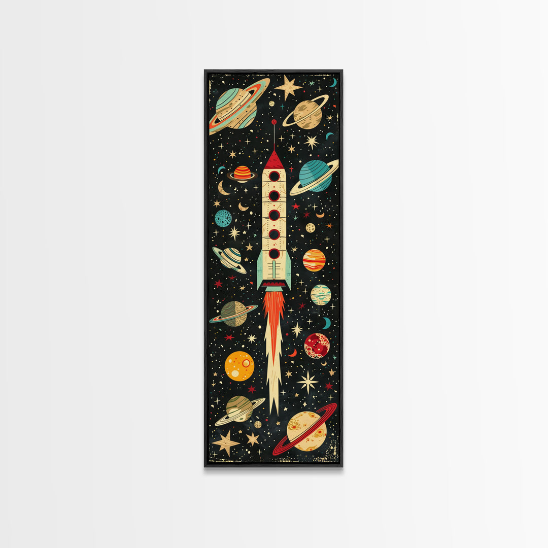 Space Exploration Art with Planets - Framed Canvas Print, Midcentury Modern Skinny Art, Tall Wall Art for Living Room or Bedroom Decor