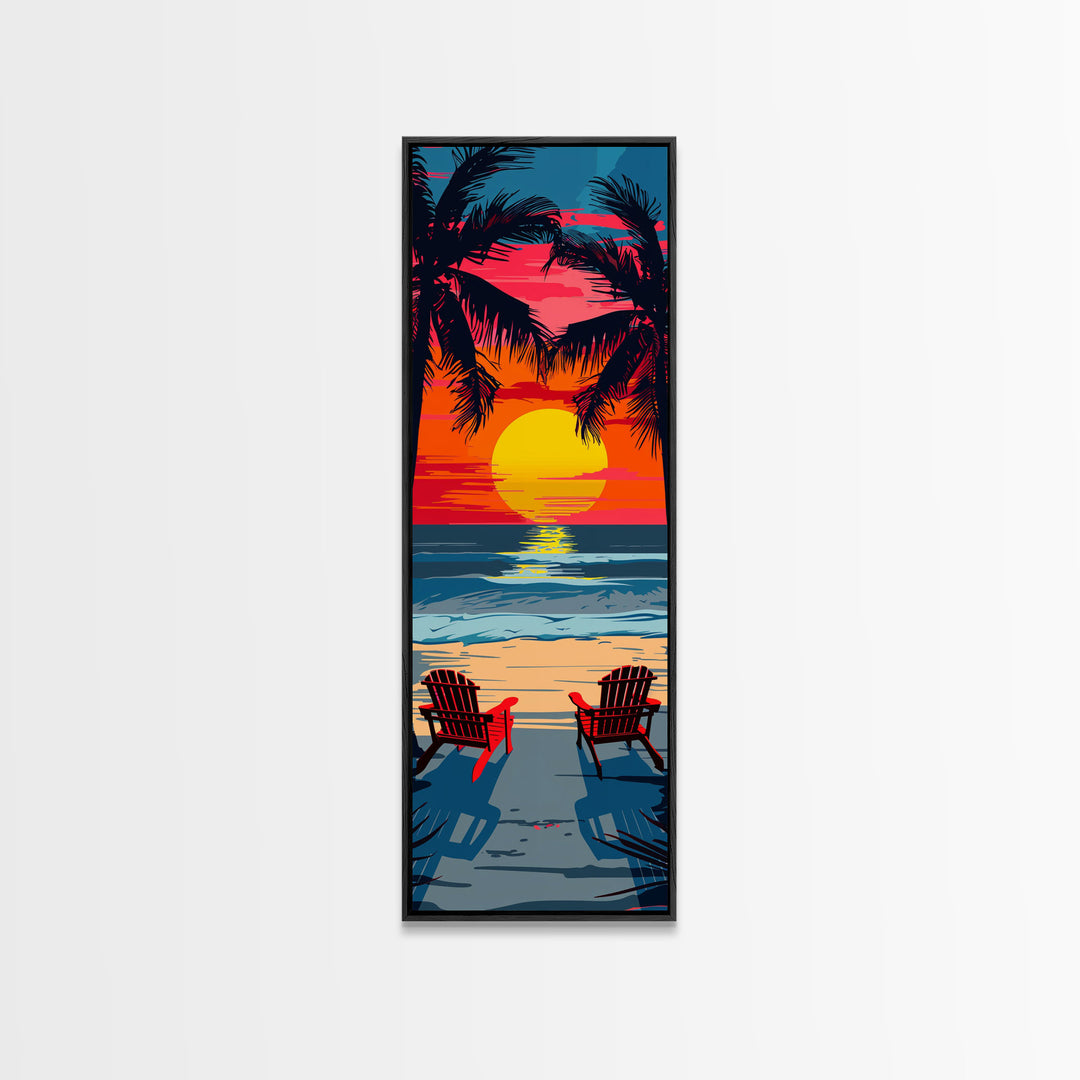 Sunset Beach Chairs Midcentury Modern Wall Art - Framed Canvas Print, Boho Art, Skinny Art, Living Room Art, Bedroom Decor, Tropical Landscape