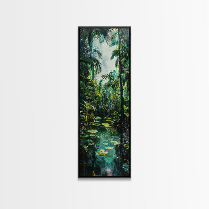 Tropical Island Paradise Scene With Mountain Reflections Skinny Art Framed Canvas Print For Living Room Or Bedroom Wall Art