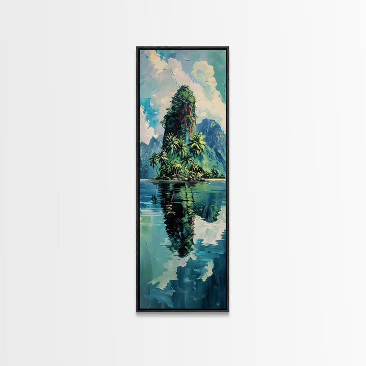 Tropical Island Paradise Scene With Mountain Reflections Skinny Art Framed Canvas Print For Living Room Or Bedroom Wall Art