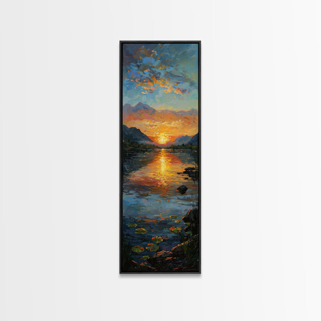 Vibrant Sunset Over Lake Art - Framed Canvas Print, Skinny Tall Art, Landscape Painting, Wall Art for Living Room, Bedroom Decor, Sunset Art