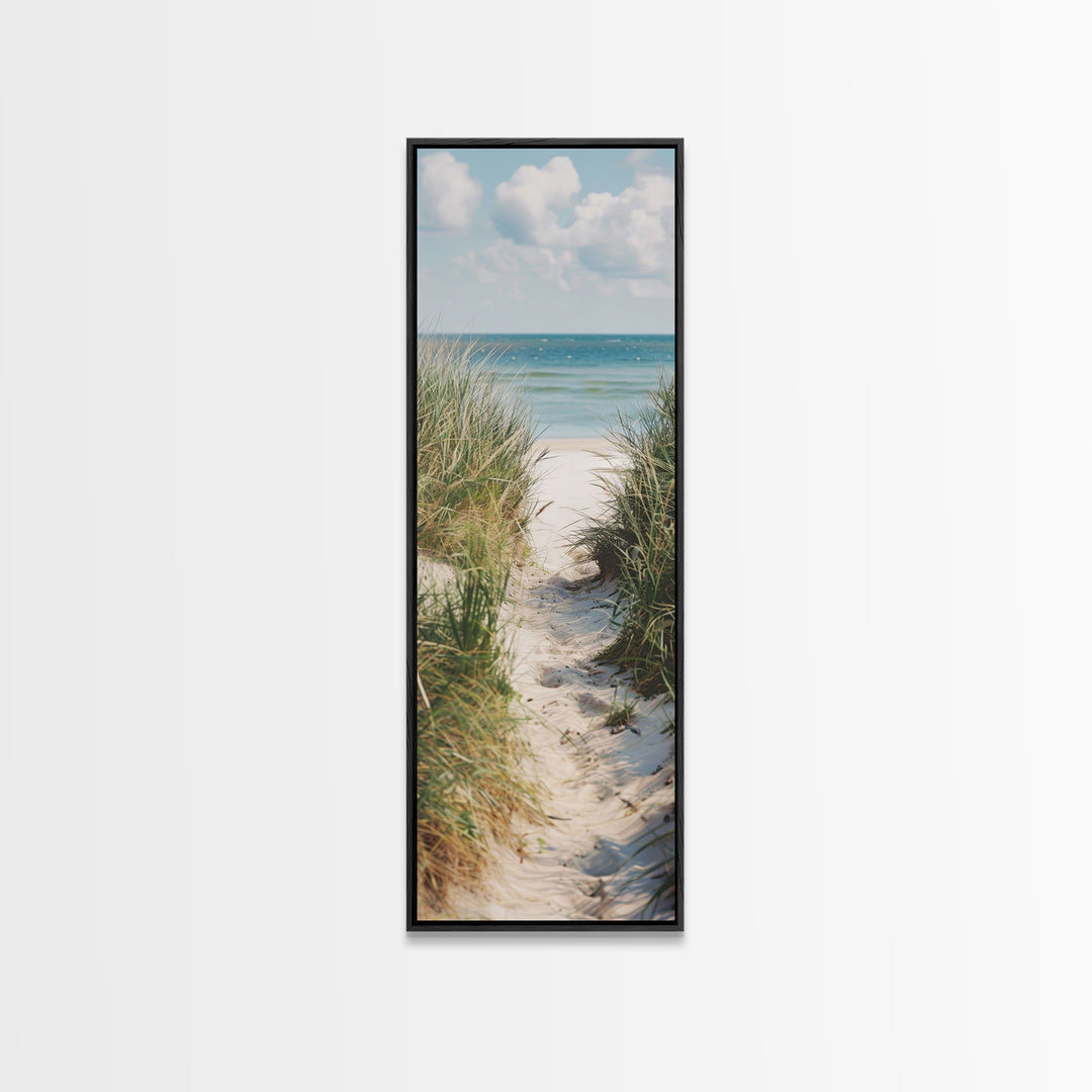 Tranquil Beach Path Art - Framed Canvas Print, Skinny Tall Art, Coastal Landscape Wall Art, Living Room Decor, Bedroom Art, Beach Pathway Painting