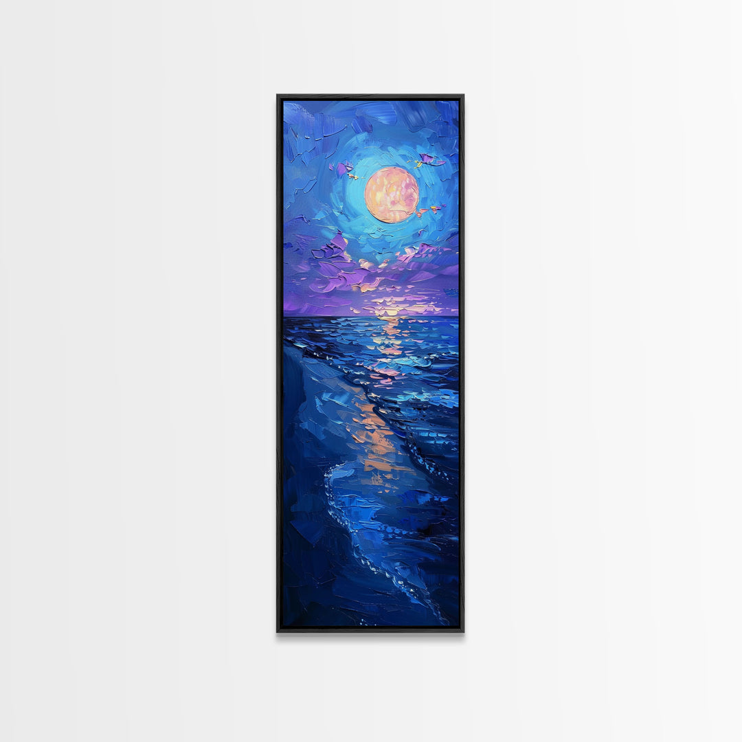 Vibrant Night Sky Over the Ocean with Full Moon, Skinny and Tall Art, Bold and Colorful Framed Canvas Print, Landscape Wall Art