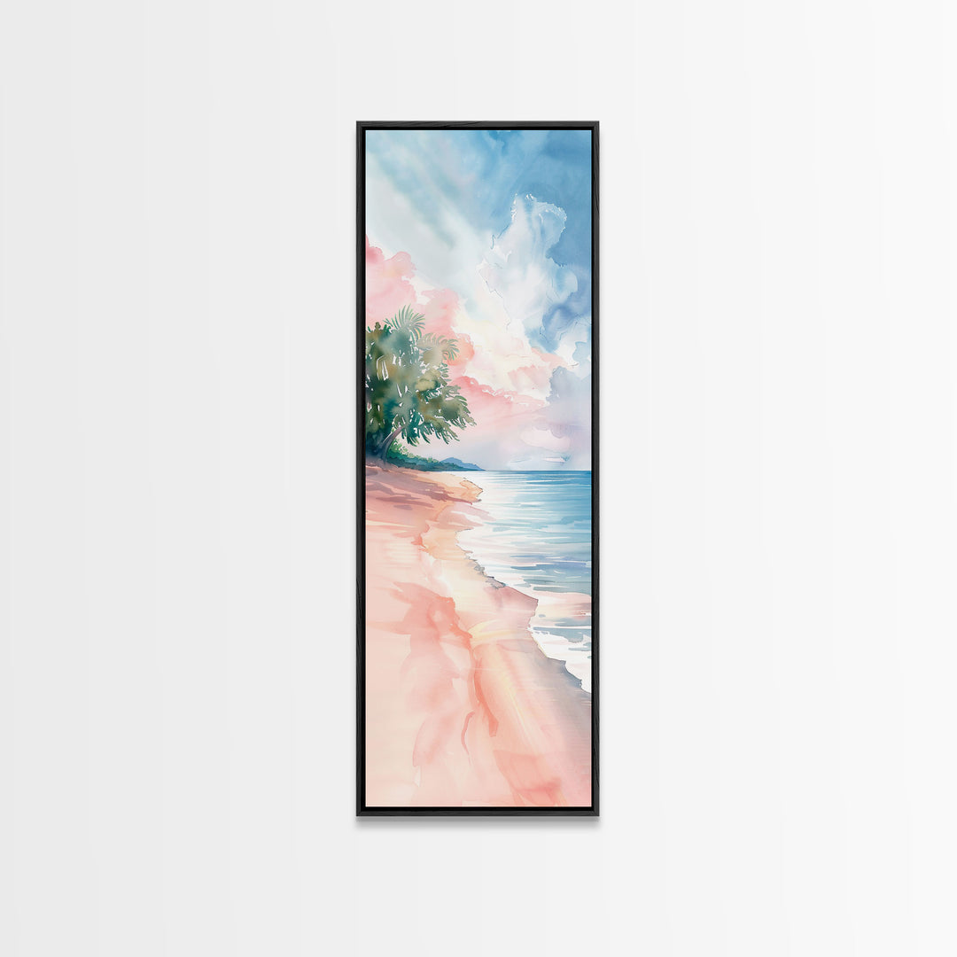 Tropical Beach Watercolor Art - Framed Canvas Print, Skinny Tall Art, Coastal Landscape Wall Art, Living Room Decor, Bedroom Art, Tropical Print