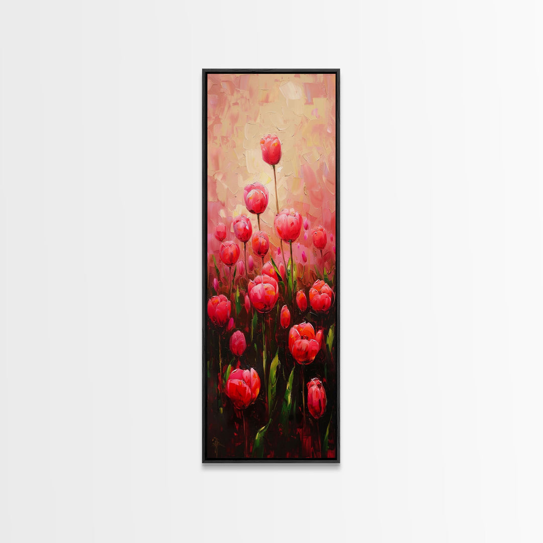 Vibrant Red Tulips in Bloom Against a Soft Pink Background on a Framed Canvas Print Skinny Art Piece