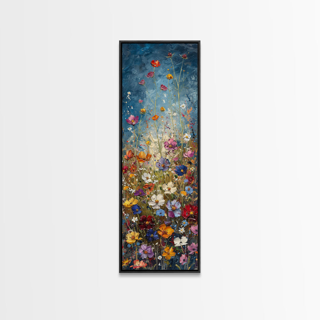 Wildflowers Blooming Against a Dramatic Sky in a Lush Meadow on a Framed Canvas Print Tall Art Piece