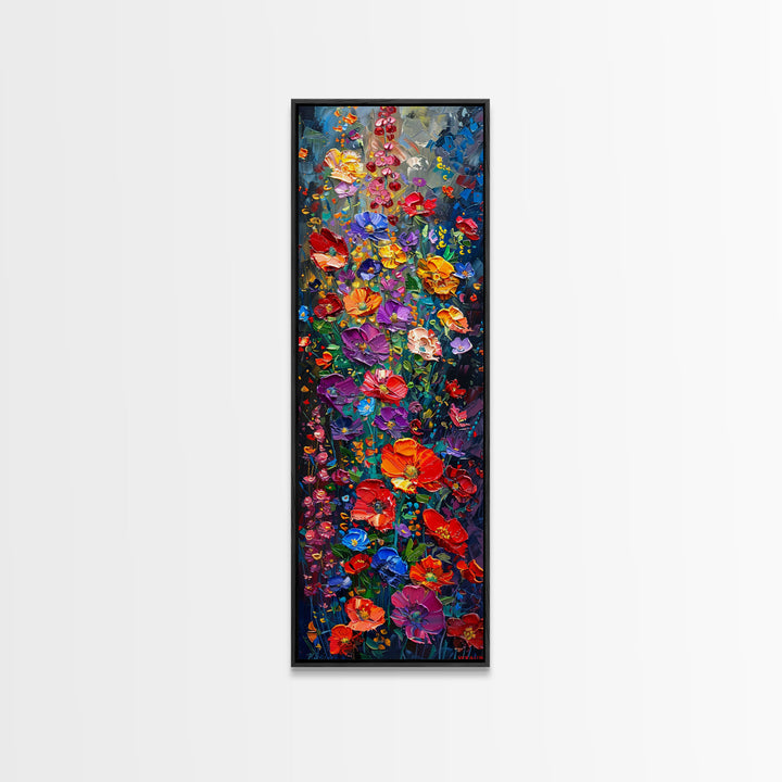 Vibrant Floral Cascade on Textured Canvas as Tall Skinny Art Framed Canvas Print for Colorful Wall Decor in Modern Interiors