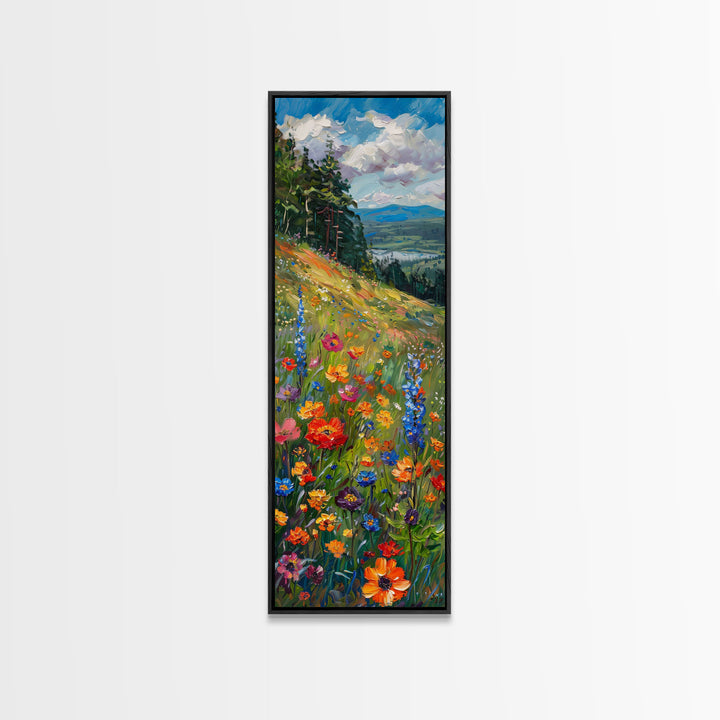 Wildflowers In Bloom, Framed Canvas Print, Skinny Panoramic Landscape Painting, Beautiful Wall Art, Gift Idea For Her, Housewarming