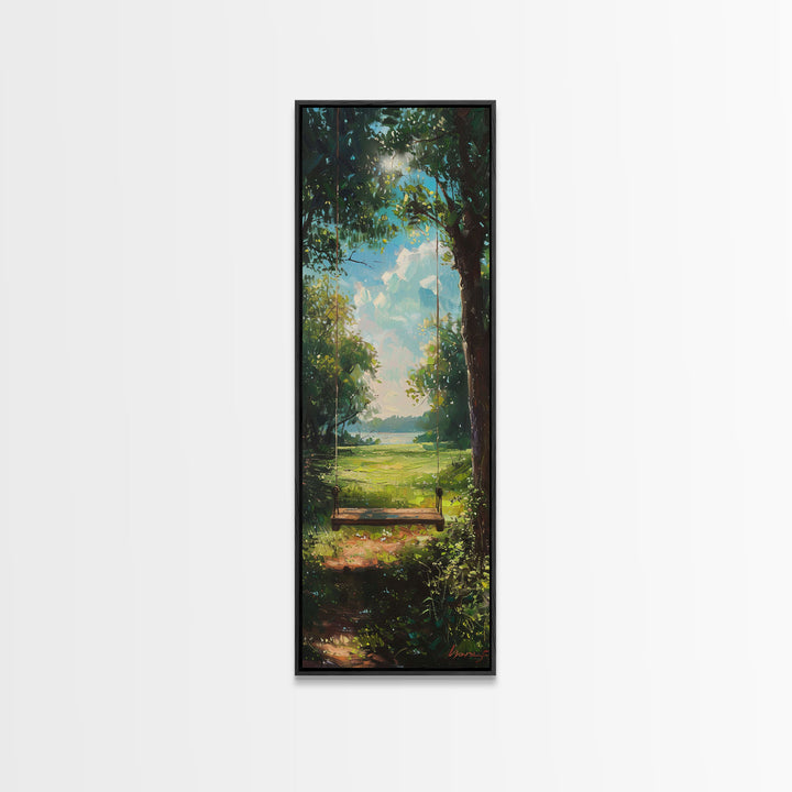 The Tree Swing Framed Canvas Print, Spring Time Decor, Tall Art, Statement Piece, Whimsical Boho Style Wall Art