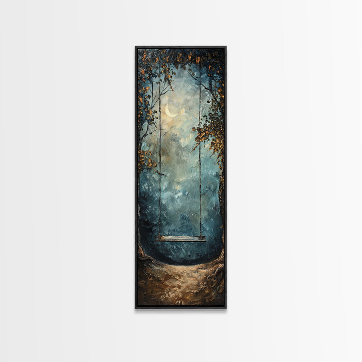 Tree Swing At Midnight Framed Canvas Print, Secret Garden, Dark Academia, Whimsical Minimalist Wall Art, Night Time Under a Crescent Moon