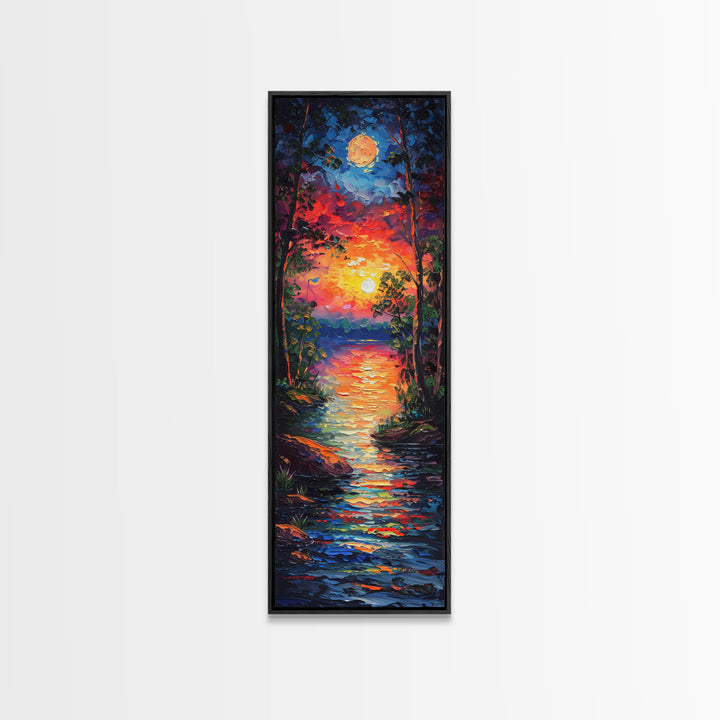 Sunset and Full Moon Over The lake Framed Canvas Print, Nature Decor, Landscape Oil Painting Print Wall Art, Skinny / Tall Art for Small Spaces