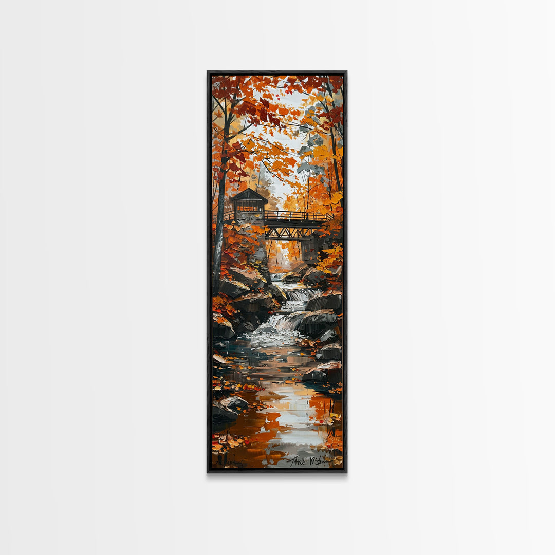 The Autumn Bridge, Framed Canvas print, New England Landscape Painting Print, Wall Art, Home Decor