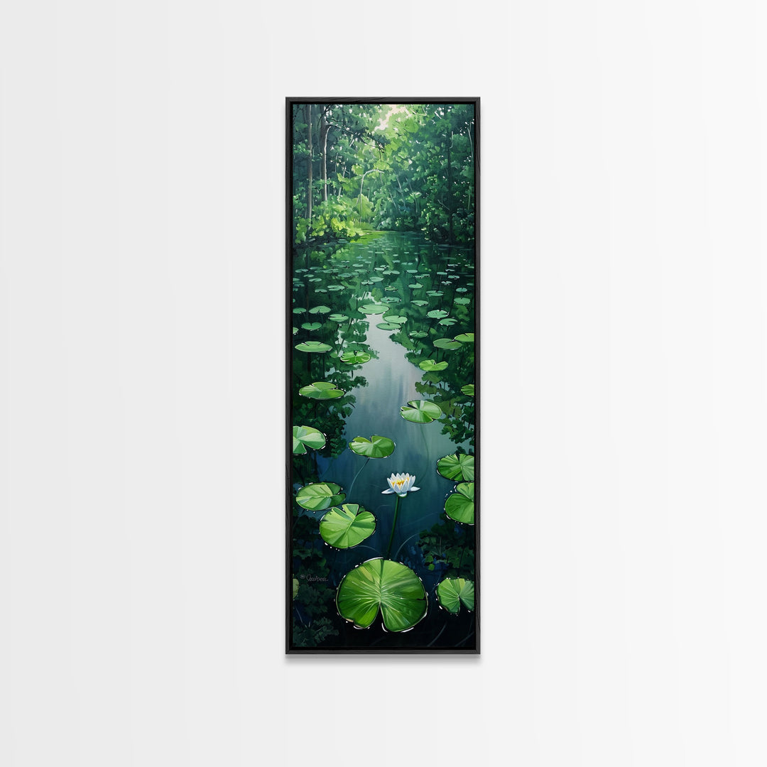 Tranquil Lily Pond Surrounded By Lush Forest, Boho And Minimalist Art For Nature Lovers, Farmhouse Wall Art In Tall Canvas Print