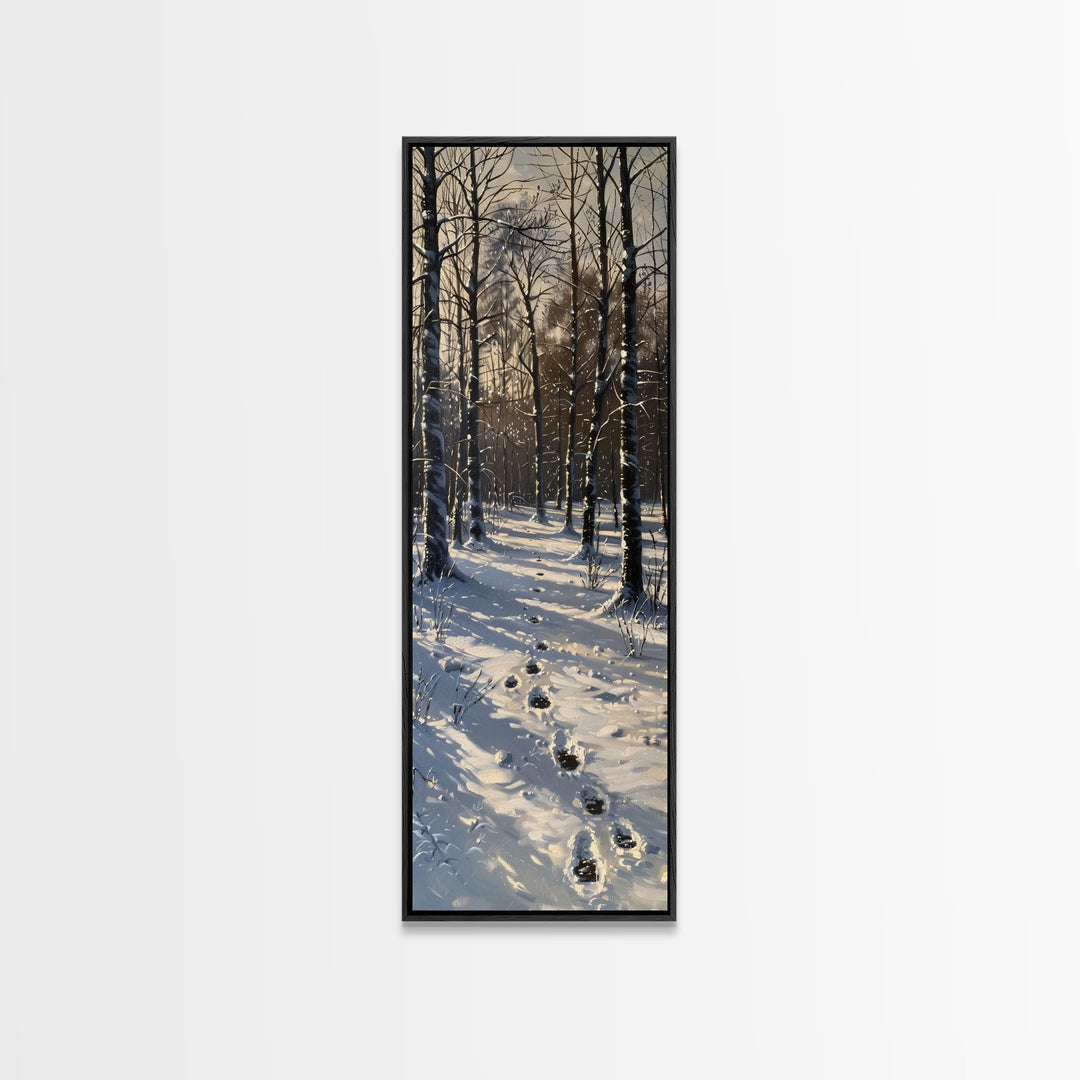 Snowy Forest Path With Footprints, Winter Scene In Farmhouse Style, Tall Canvas Print For Rustic Boho Wall Art