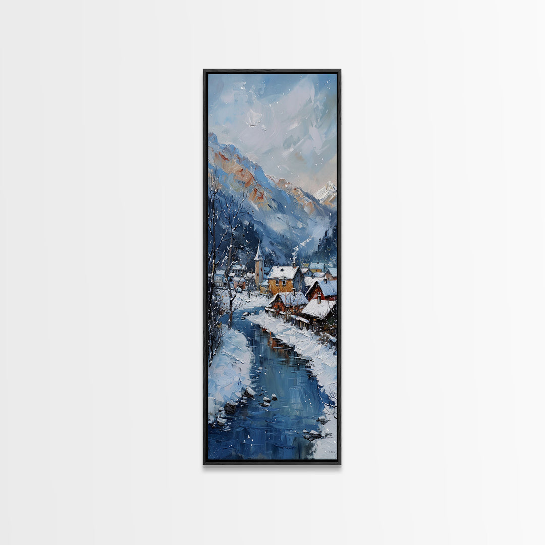 Tranquil Winter Village Scene Snowy River Minimalist Farmhouse Art Framed Canvas Print Tall Art Ukiyo-e Japanese Style Art