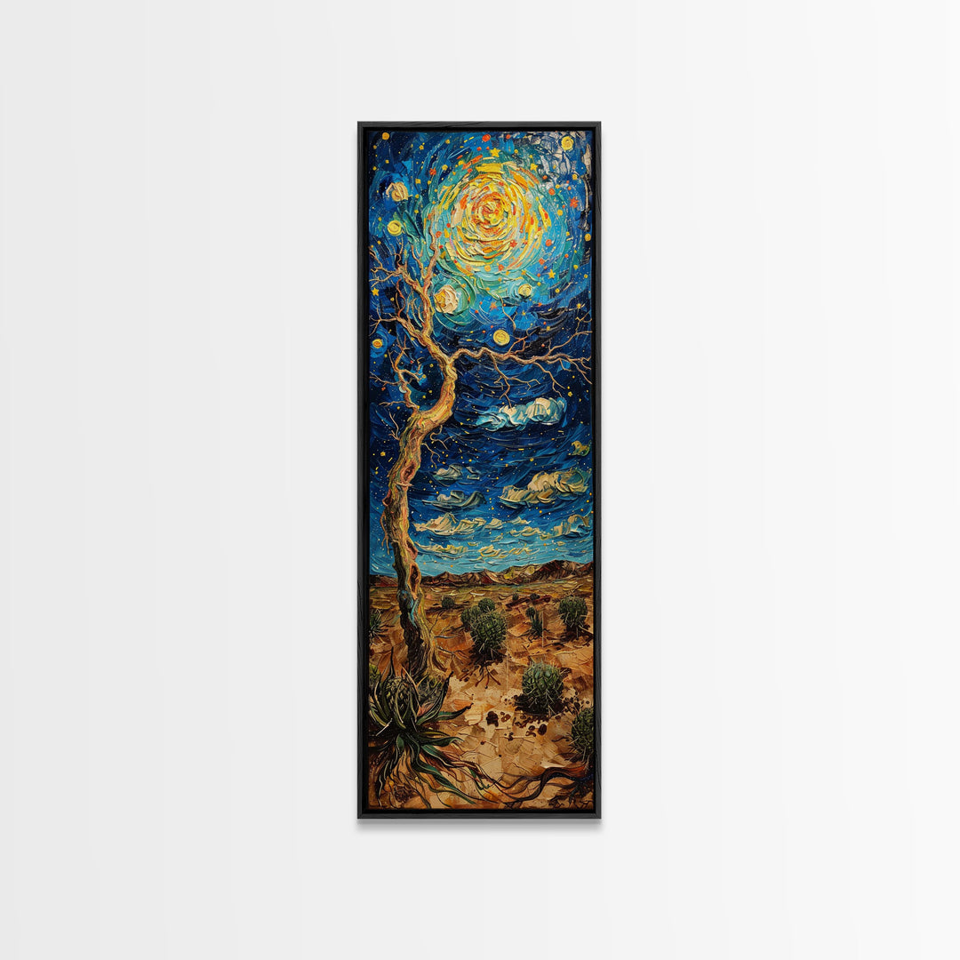 Vibrant Night Sky Desert Tree Whimsical Boho Starry Landscape Framed Canvas Print Tall Art Japanese Style Art