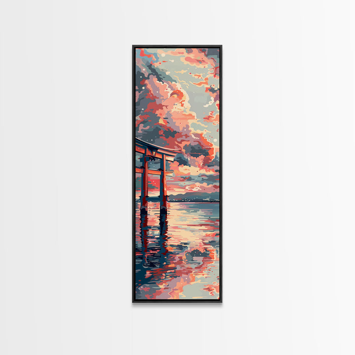 Tranquil Torii Gate Skinny Art Tall Art Japanese Ukiyo-e Inspired Spiritual Landscape Framed Canvas Print