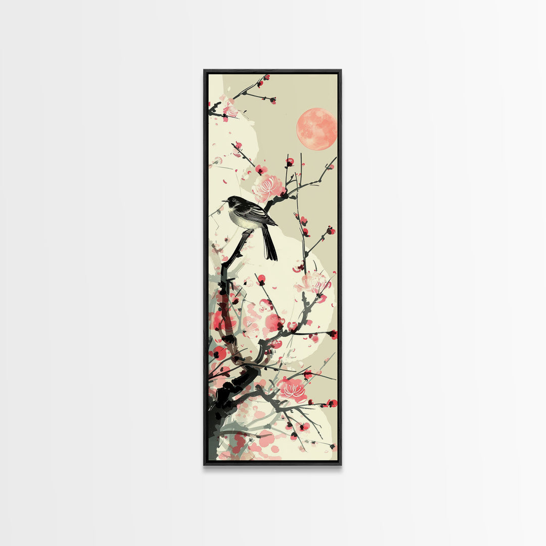 Songbird on Cherry Blossom Skinny Art Tall Art Japanese Ukiyo-e Inspired Bird and Nature Framed Canvas Print