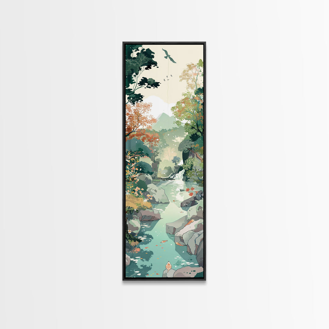 Tranquil Mountain Stream Surrounded by Autumn Leaves on Tall Vertical Japanese-Inspired Canvas Print for Nature Lovers