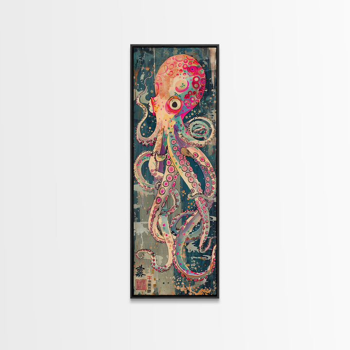 Vibrant Octopus Art in Bold Colors on Tall Vertical Canvas Print Featuring Japanese-Inspired Marine Life Design