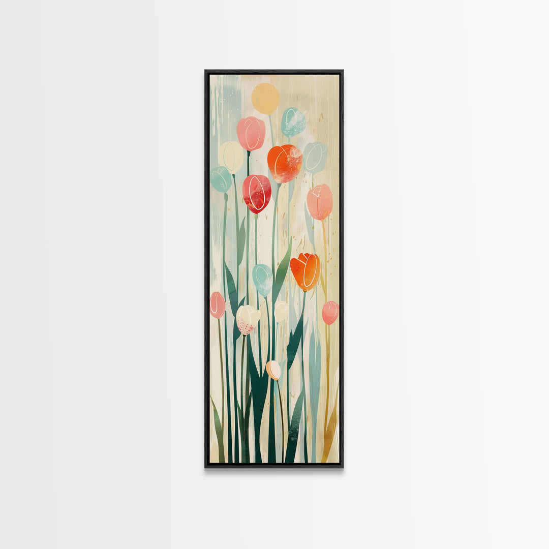 Abstract Tulips, Pastel Colors, Japanese Art, Skinny Art, Tall Art, Framed Canvas Print, Ukiyo-e Style