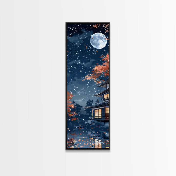 Starry Night, Traditional Japanese Home, Japanese Art, Skinny Art, Tall Art, Framed Canvas Print, Ukiyo-e Style