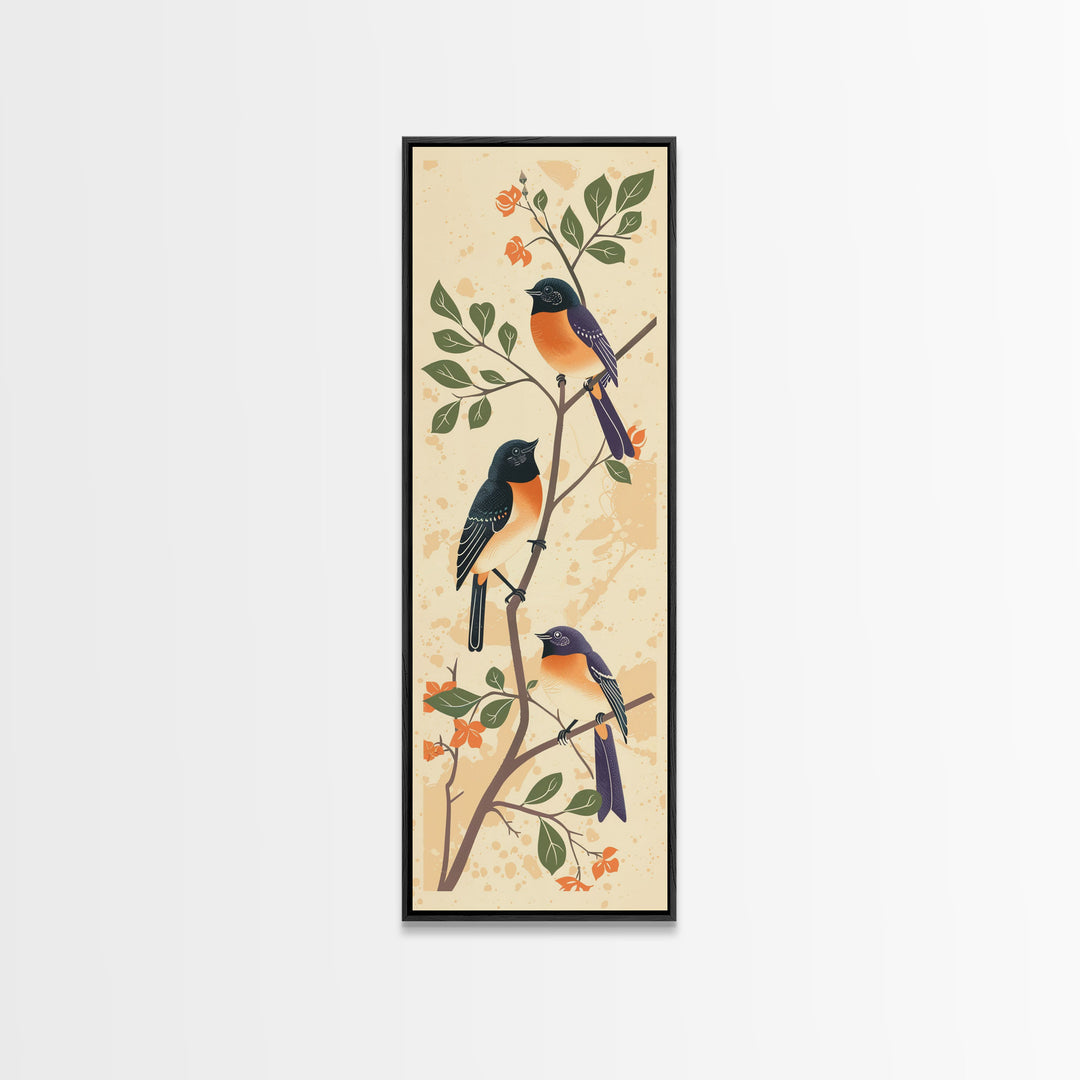 Three Birds Perched On A Branch Japanese Style Framed Canvas Print, Traditional Illustration Art Ready To Hang For Home Decor