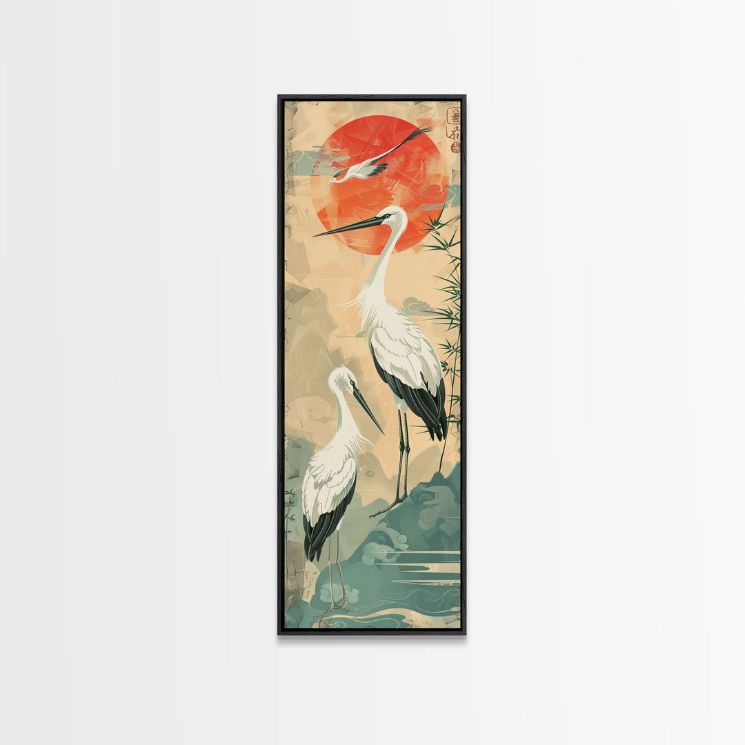 Tall Japanese Cranes Under a Vibrant Red Sun Ukiyo-e Art Skinny Framed Canvas Print Traditional Japanese Nature Scene