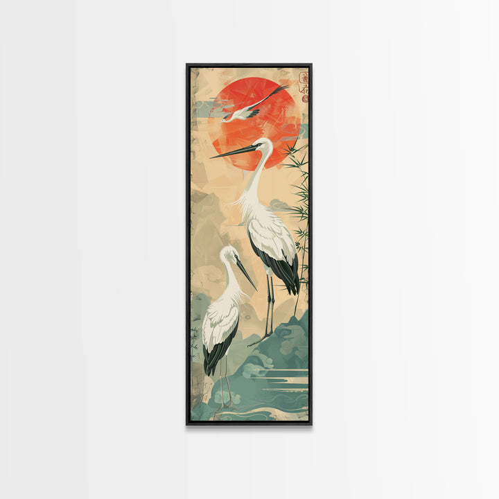 Tall Japanese Cranes Under a Vibrant Red Sun Ukiyo-e Art Skinny Framed Canvas Print Traditional Japanese Nature Scene