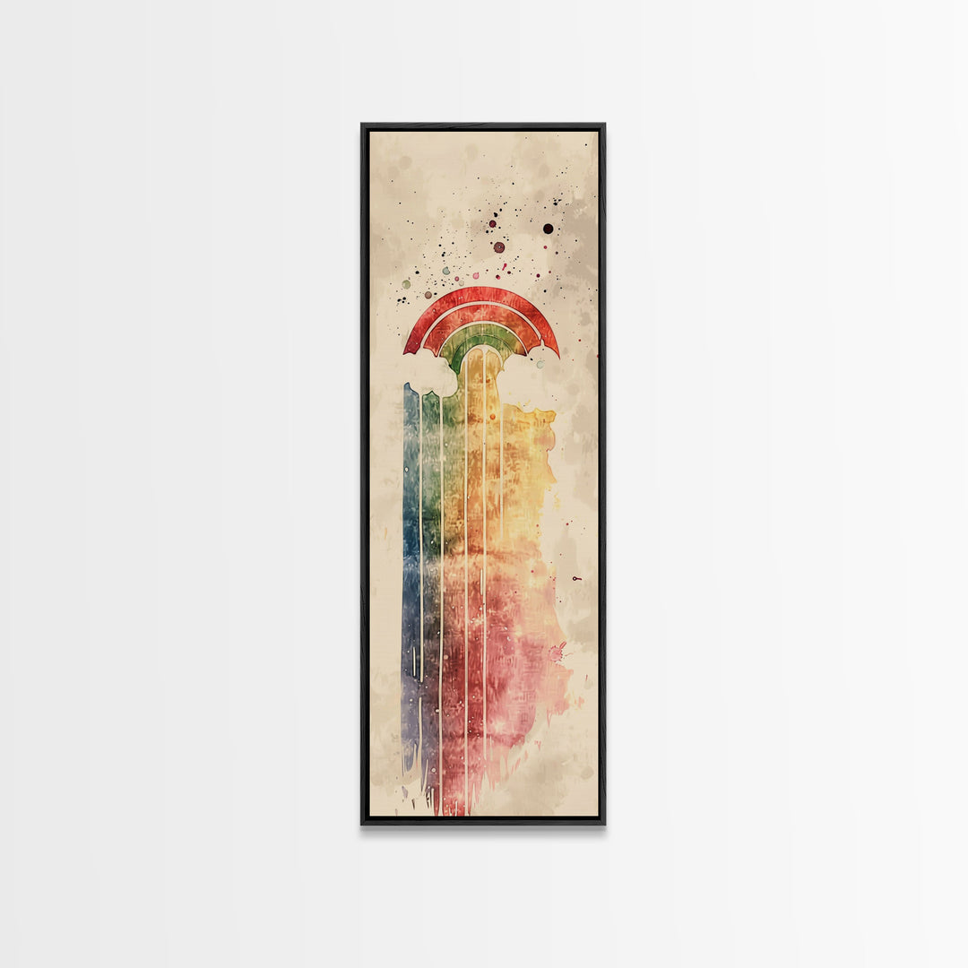 Vintage-Inspired Rainbow Waterfall Ukiyo-e Art Skinny Framed Canvas Print in Neutral Tones