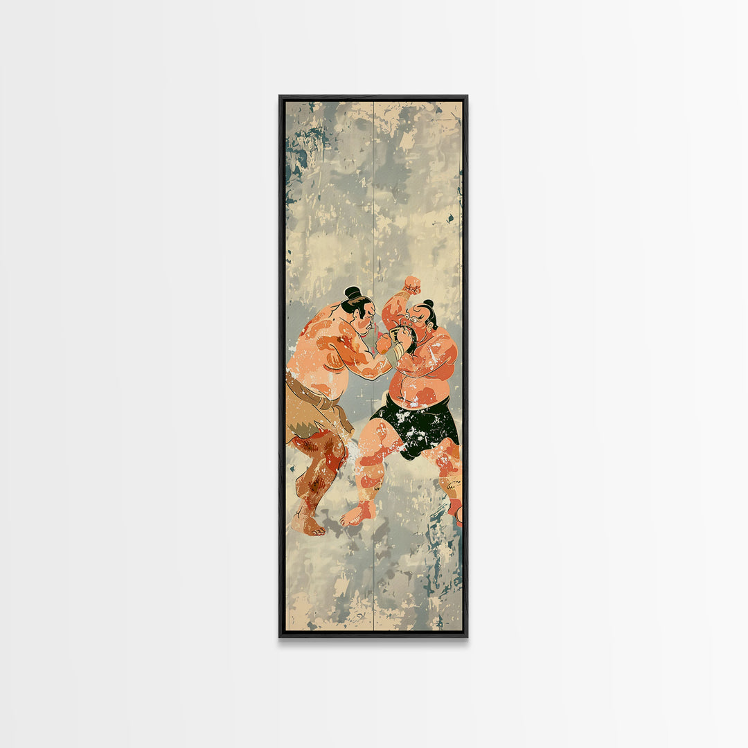 Sumo Wrestlers in Action Skinny Ukiyo-e Art Tall Framed Canvas Print with Japanese Cultural Heritage