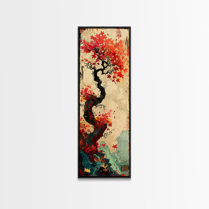 Twisted Tree with Red Maple Leaves Skinny Art Ukiyo-e Japanese Framed Canvas Print in Autumn Colors