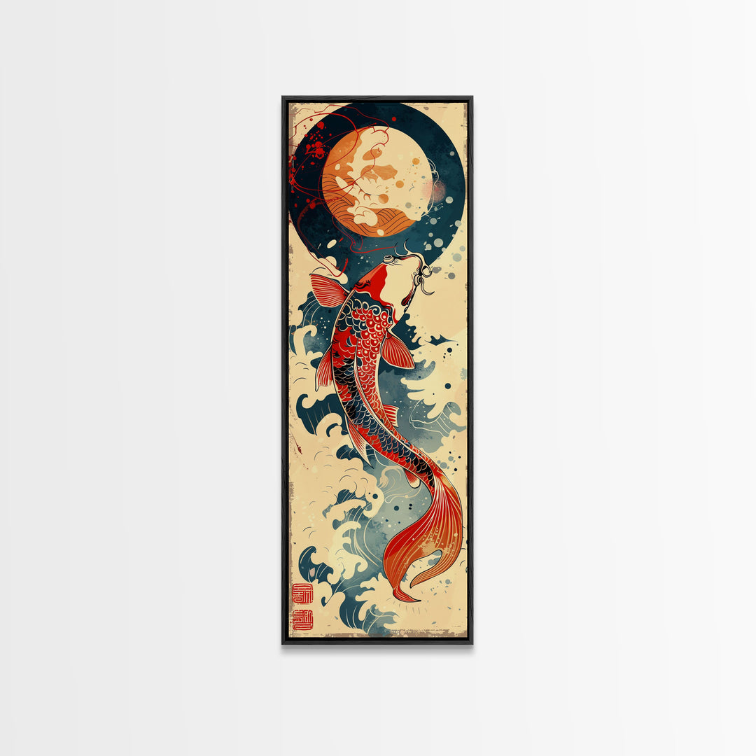 Vibrant Koi Fish Swimming Toward the Moon Skinny Art Ukiyo-e Tall Framed Canvas Print with Japanese Mythology Elements