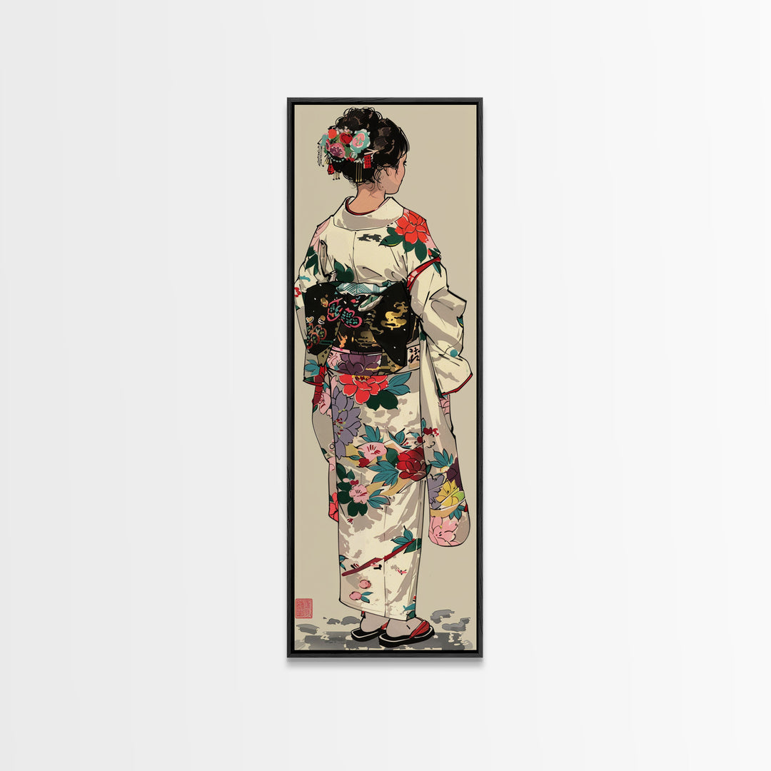 Skinny Art Traditional Kimono In Japanese Style Wood Block Print Intricate Floral Pattern On Framed Canvas Print, Tall Art Ukiyo-e