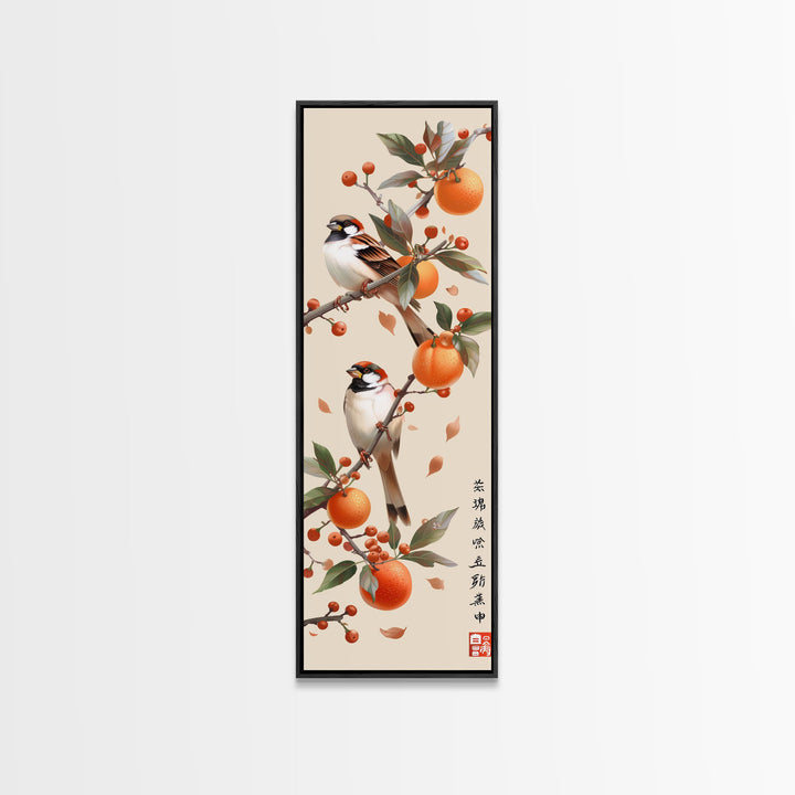 Skinny Art Tall Art Framed Canvas Print Wood Block Print Of Elegant Bird Perched On Branch Amidst Orange Fruits Ukiyo-e Japanese Style Art