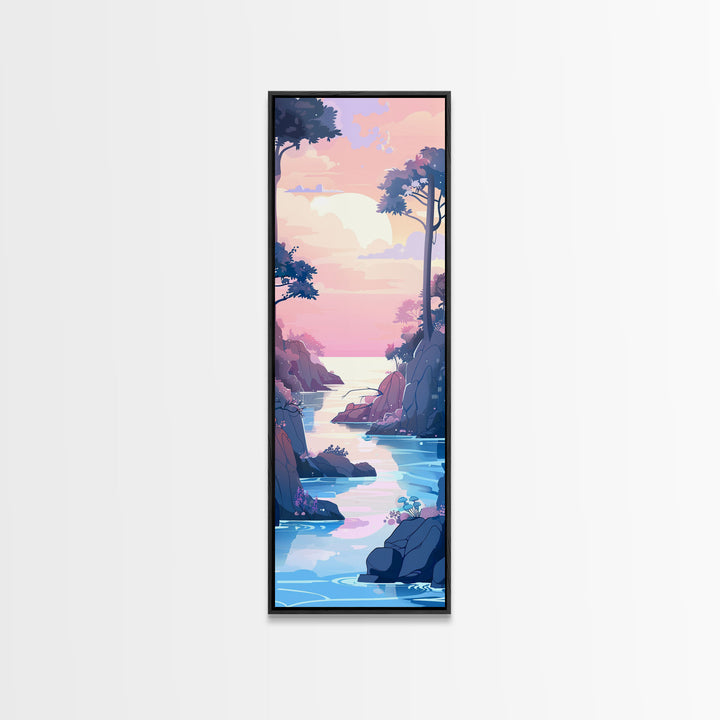 Skinny Art Tall Art Framed Canvas Print Serene Coastal Landscape At Dusk With Soft Pastel Colors Ukiyo-e Japanese Style Art