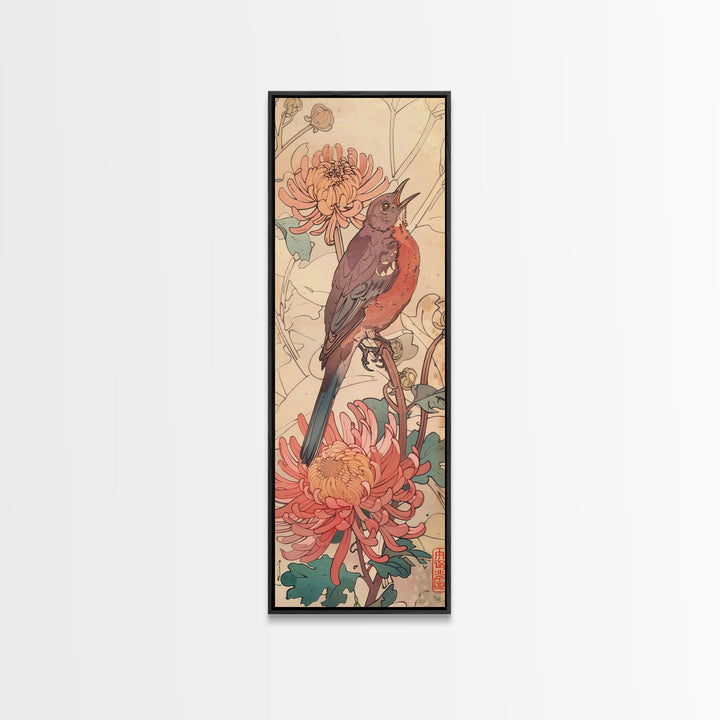 Singing Bird Amid Chrysanthemums Soft Pastels Skinny Art Tall Art Framed Canvas Print Japanese Style Art Ukiyo-e Art Wood Block Print Floral