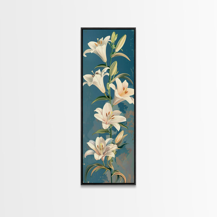 White Lilies On Green Stems Against Faded Blue Background Tall Art Skinny Art Framed Canvas Print Japanese Style Art Ukiyo-e Wood Block Print