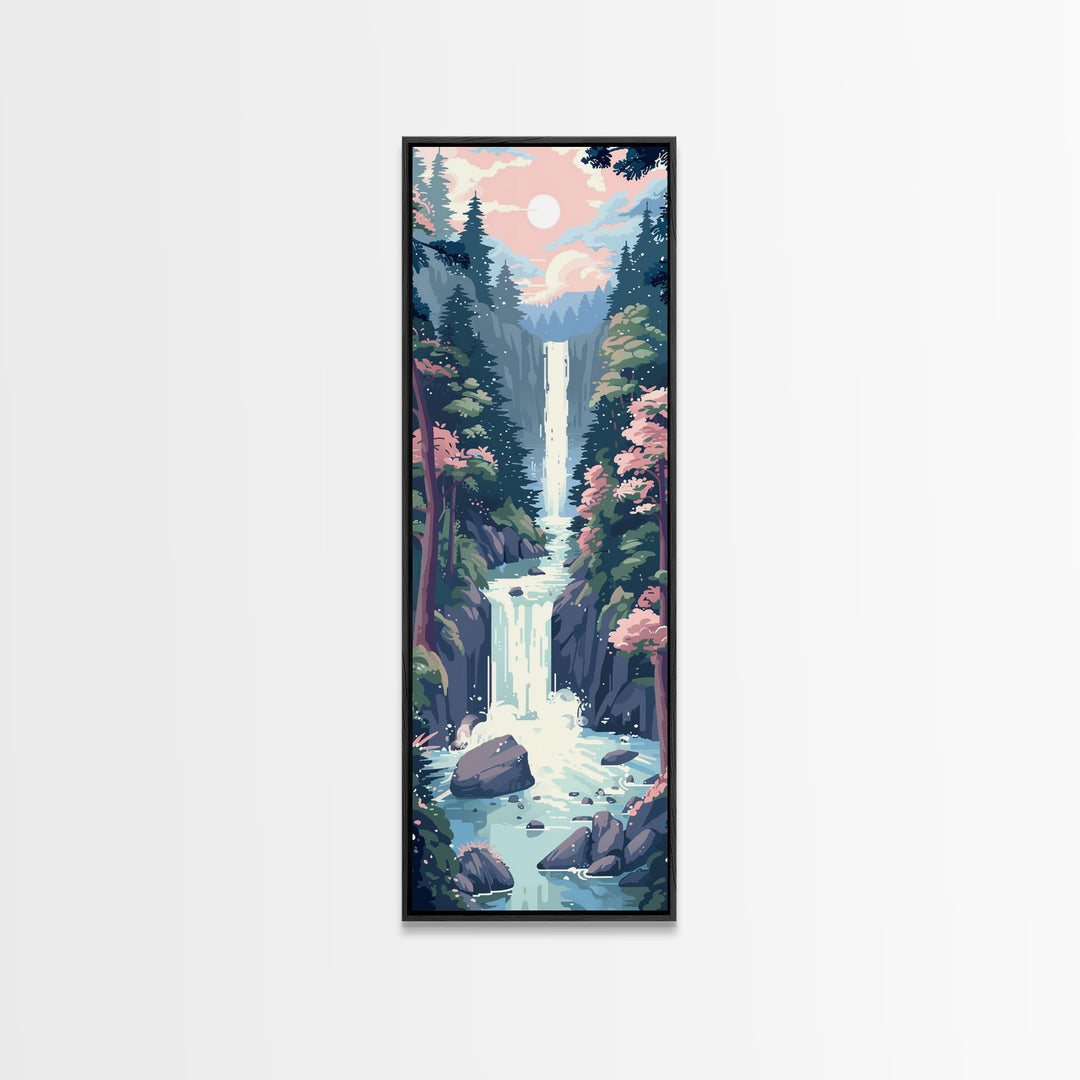 Waterfall Through Rocky Cliff Surrounded By Pine Trees Tall Art Skinny Art Framed Canvas Print Japanese Style Art Ukiyo-e Wood Block Print