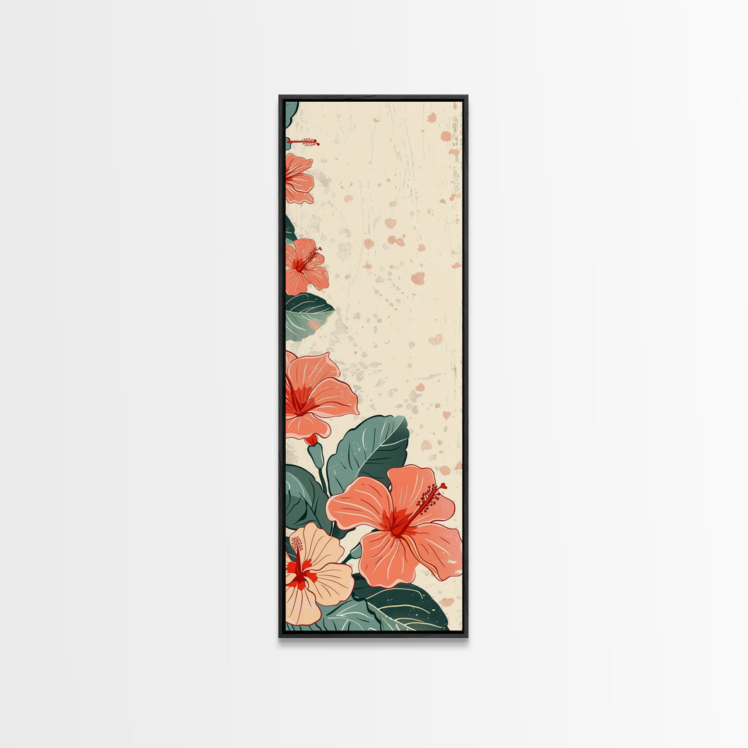 Soft Hibiscus Flowers In Delicate Shades Skinny Art Tall Art Framed Canvas Print Japanese Style Art Ukiyo-e Art Wood Block Print Floral Decorative