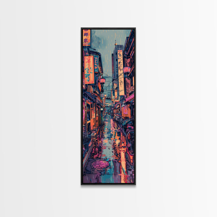 Vibrant Cityscape With Colorful Street Signs Skinny Art Tall Art Framed Canvas Print Japanese Style Art Ukiyo-e Art Wood Block Print Urban Energetic