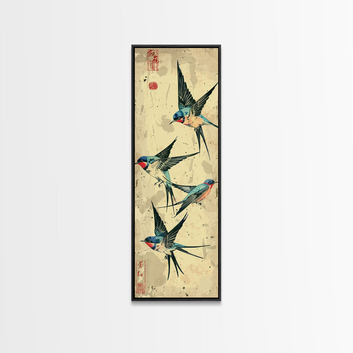 Trio Of Swallows In Flight Against A Vintage Beige Background, Skinny Art Tall Wall Art Framed Canvas Print Japanese Style Art