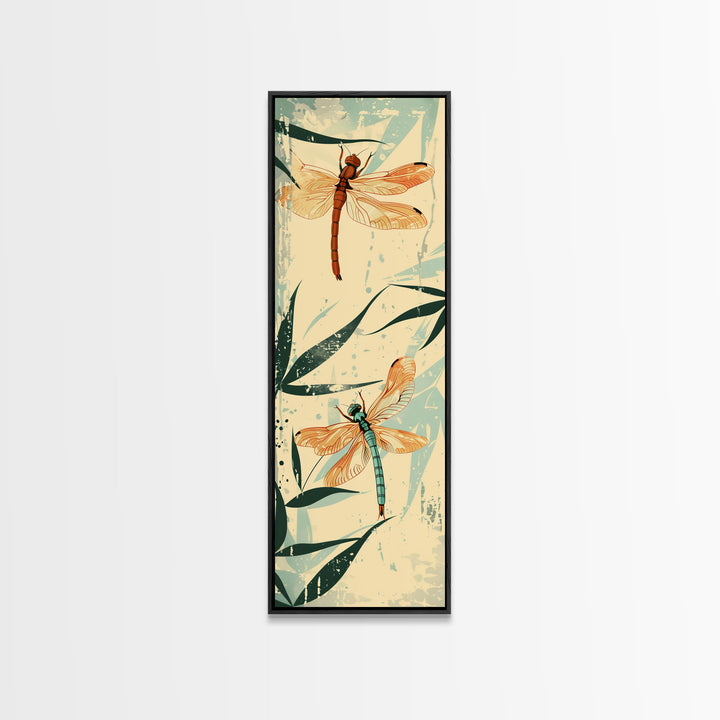 Two Dragonflies With Detailed Wings Hovering Near Bamboo, Skinny Art Tall Wall Art Framed Canvas Print Japanese Style Art