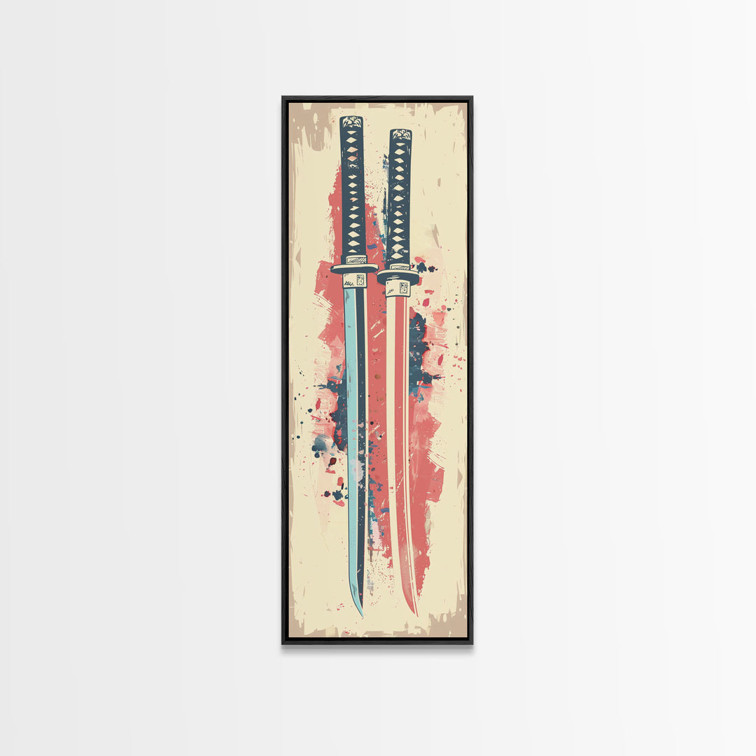 Abstract Samurai Swords Framed Canvas Print Ukiyo-e Art Japanese Style Tall Art Skinny Art Wood Block Print