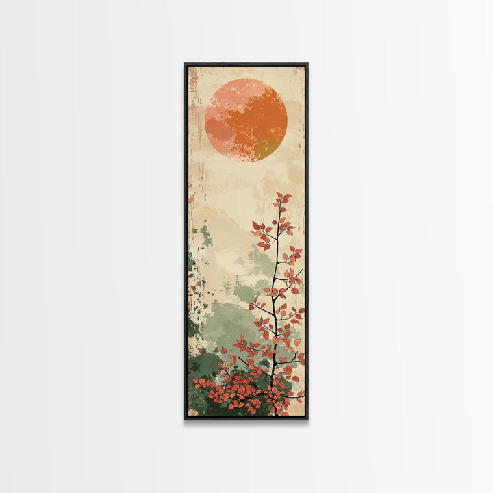 Abstract Sun Over Branch With Red Leaves Framed Canvas Print Ukiyo-e Wall Art Tall Art Wood Block Print Skinny Art Japanese Style