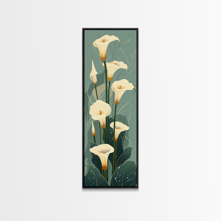 White Calla Lilies on Green Background, Tall Framed Canvas Print in Japanese Ukiyo-e Style Wall Art