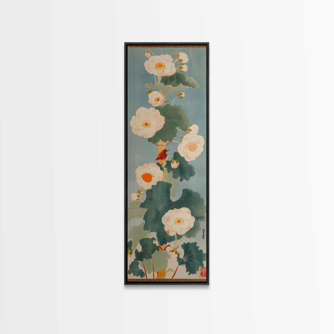 Tall White Blooms with Large Leaves on Blue Background, Framed Canvas Print in Japanese Art Style